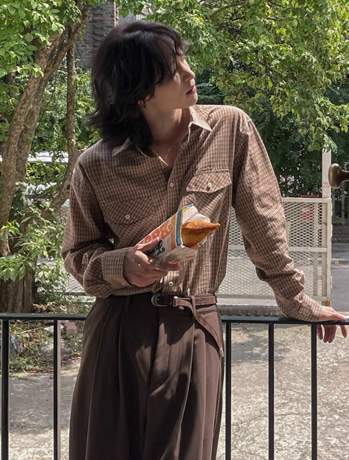 Brown Checkered Button Long Sleeve