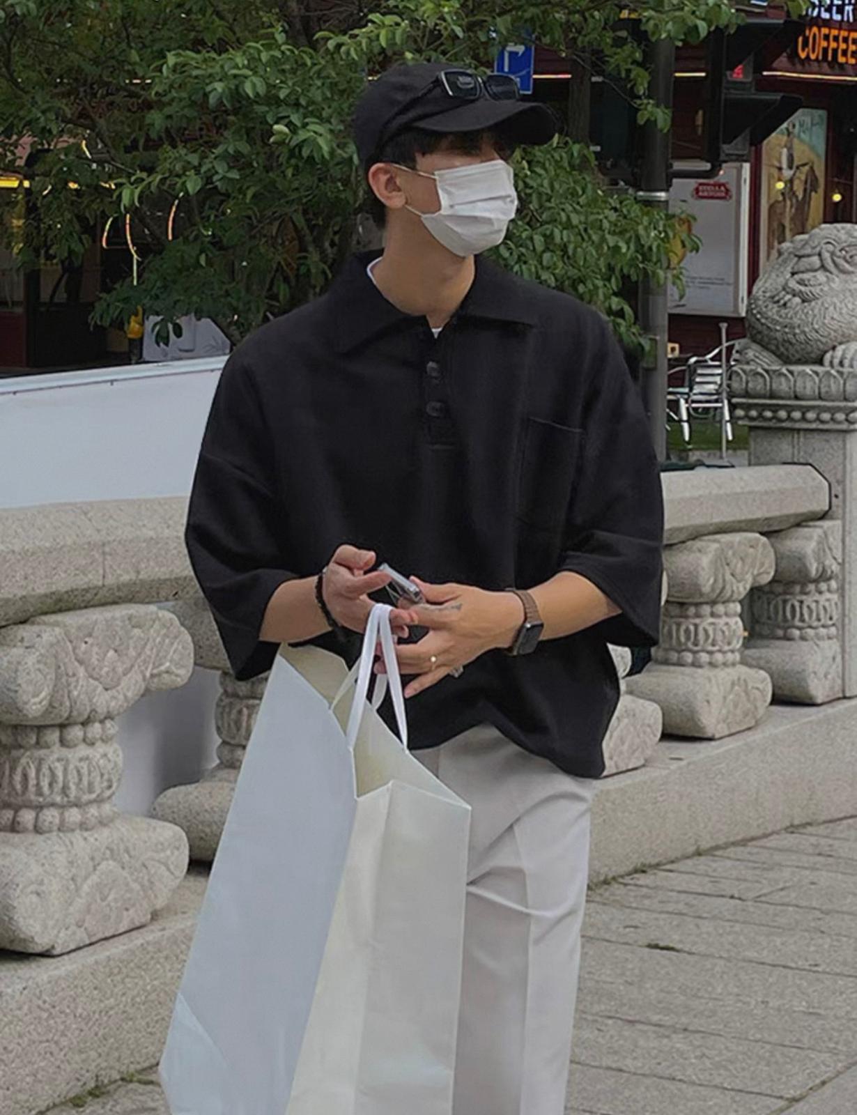 Black Oversize Button Polo T