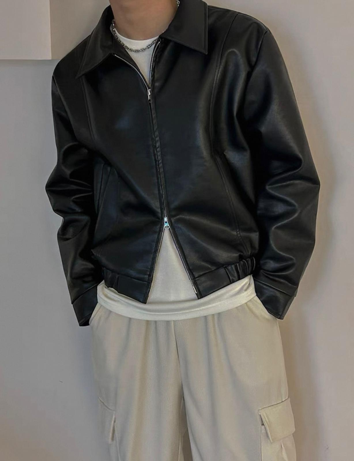 Black Leather Jacket (Both Ways Zipper)