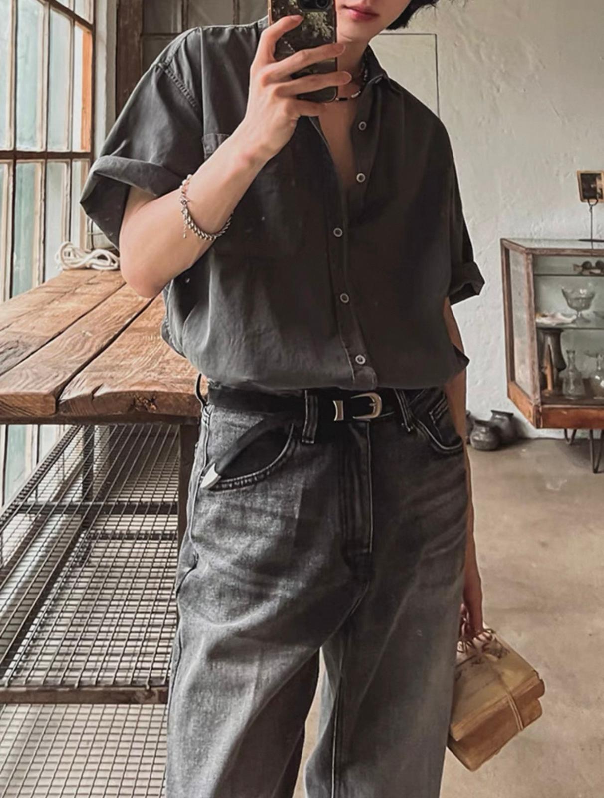 Vintage Grey Button Up Short Sleeve