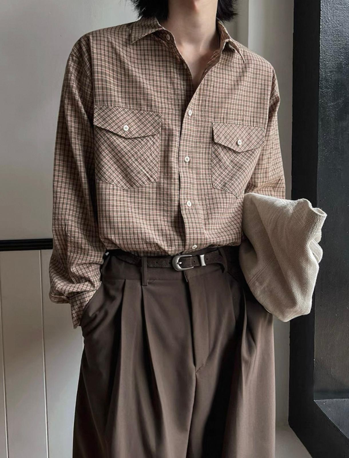 Brown Checkered Button Long Sleeve