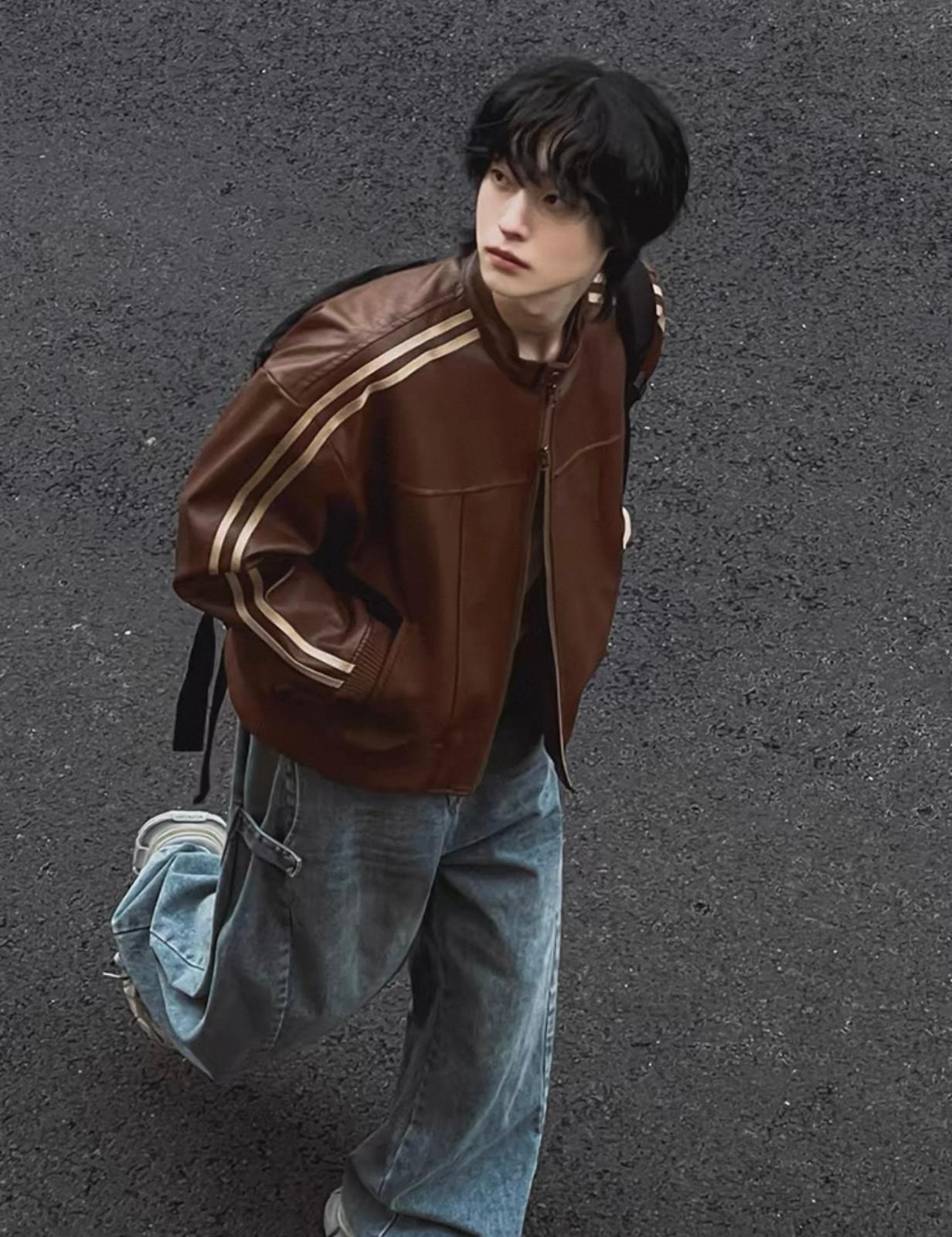 Leather Jacket with White Stripe