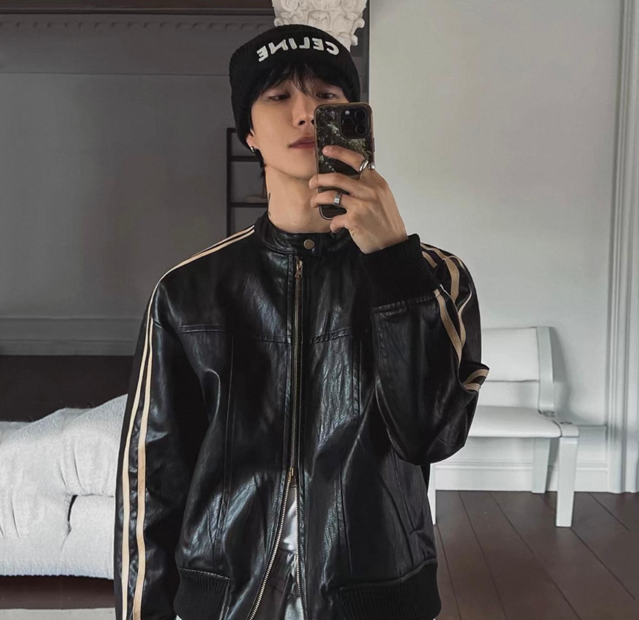Leather Jacket with White Stripe