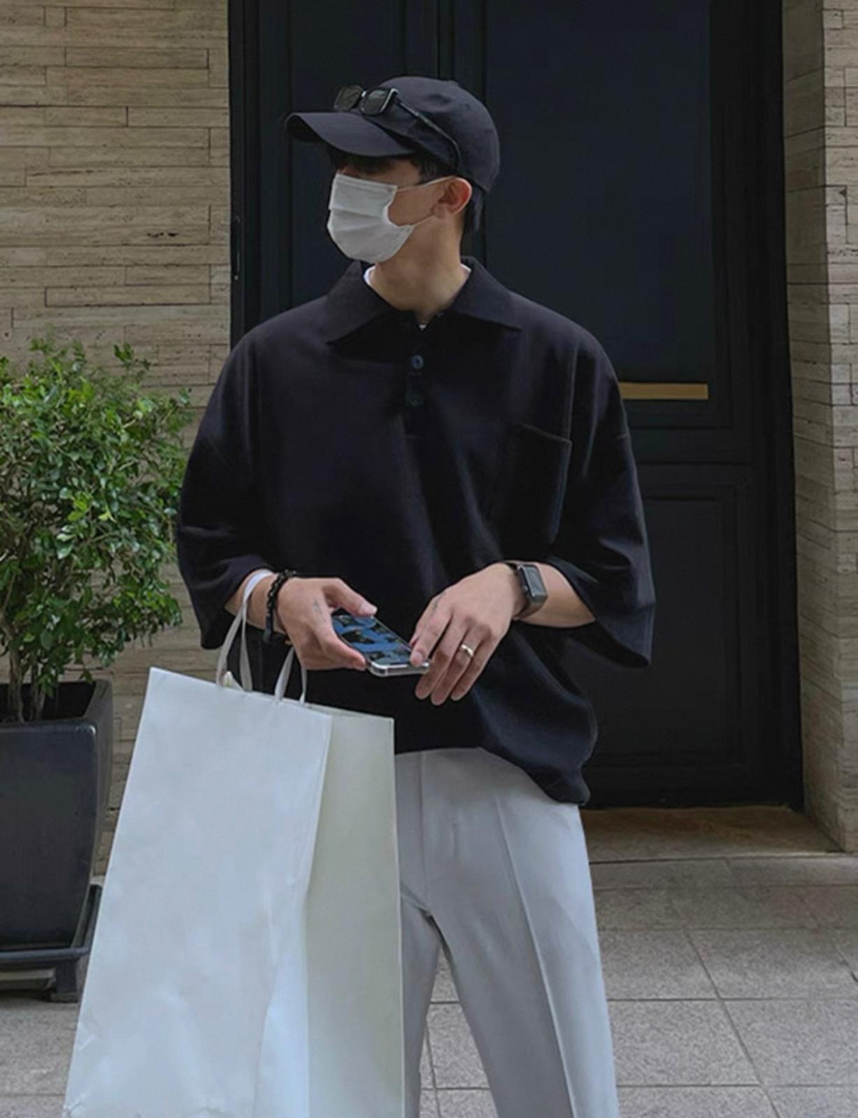 Black Oversize Button Polo T