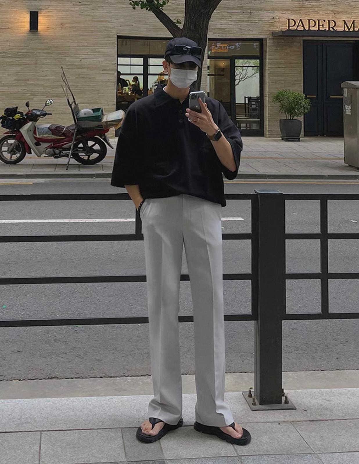 Black Oversize Button Polo T