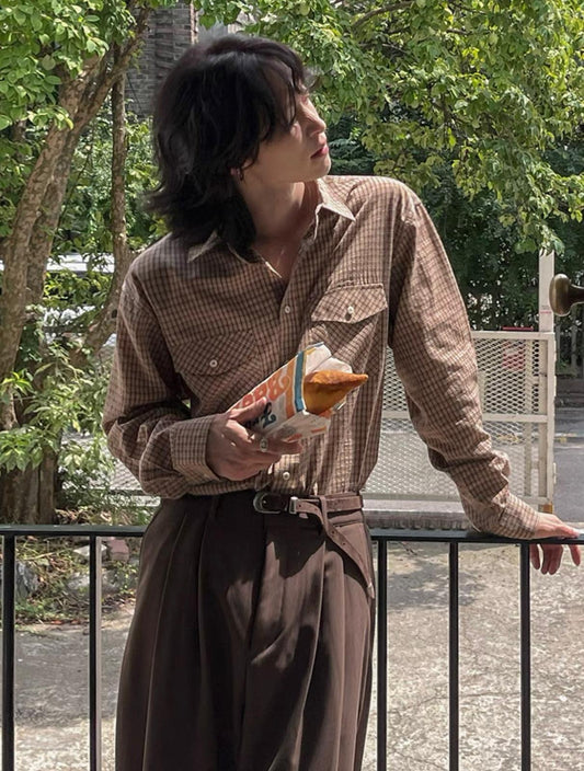 Brown Checkered Button Long Sleeve