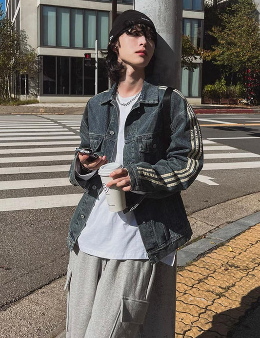 Denim Collared Jacket with White Stripe
