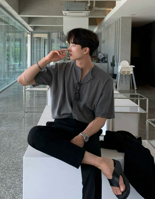 Knitted Short Sleeve Button Up