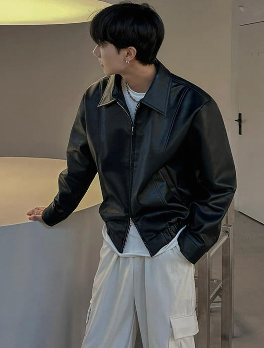 Black Leather Jacket (Both Ways Zipper)