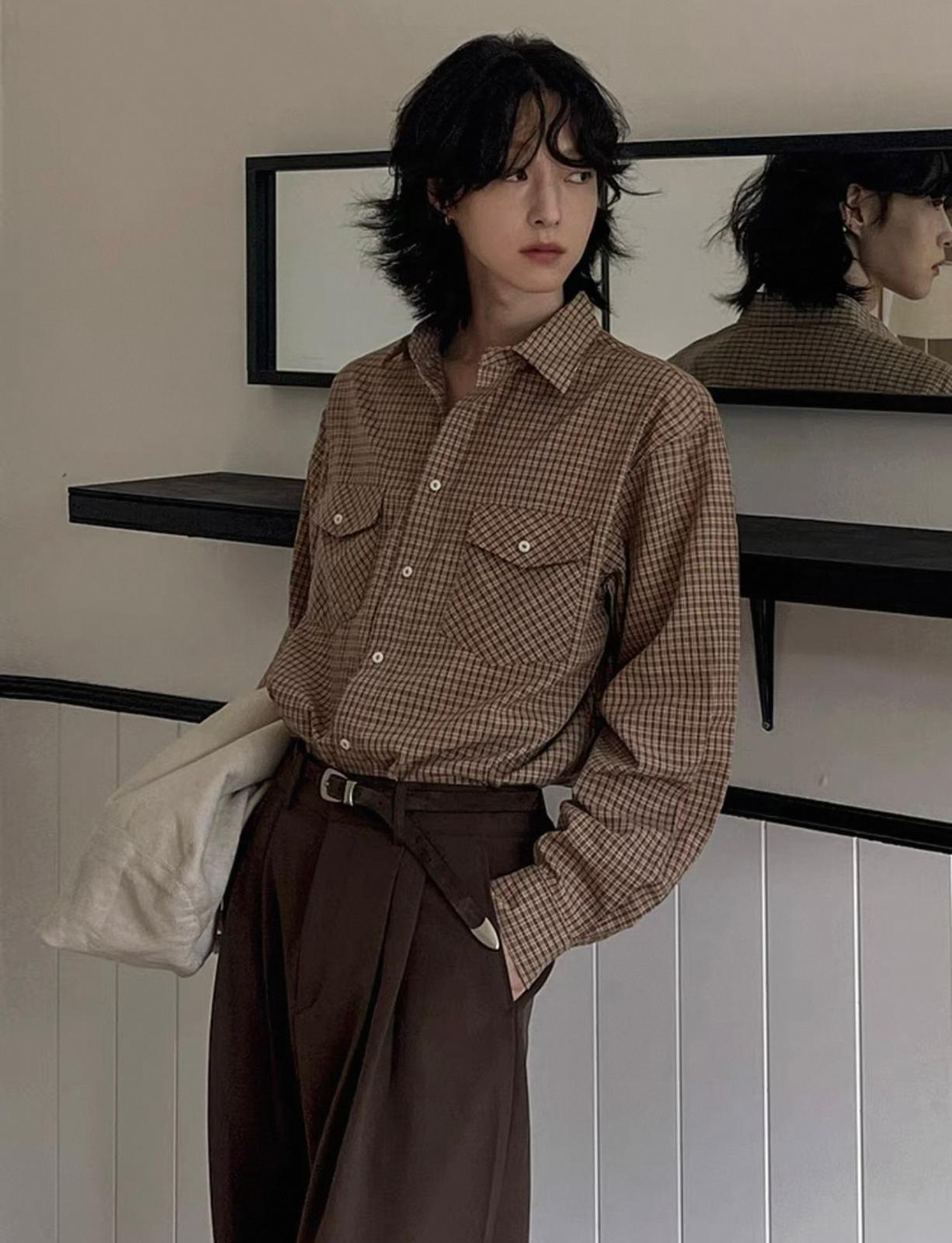Brown Checkered Button Long Sleeve