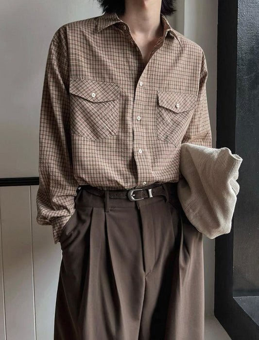 Brown Checkered Button Long Sleeve