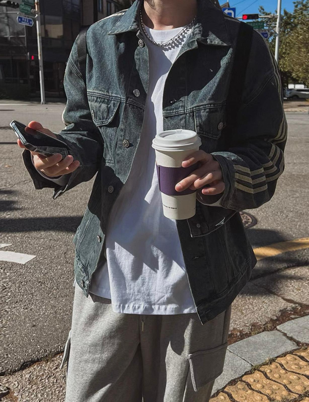 Denim Collared Jacket with White Stripe