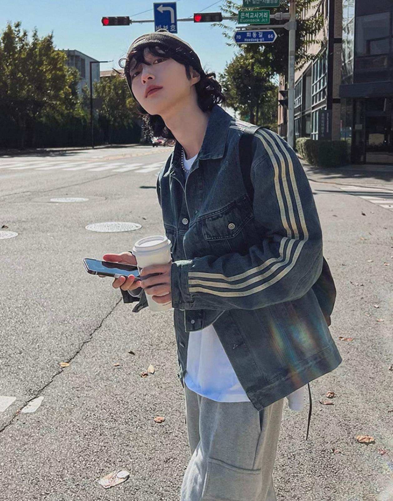 Denim Collared Jacket with White Stripe